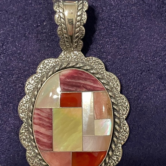 HP💕 Pollack Relios Sterling Silver 925 Multi-Stone Inlay Pendant Vintage - Picture 7 of 14
